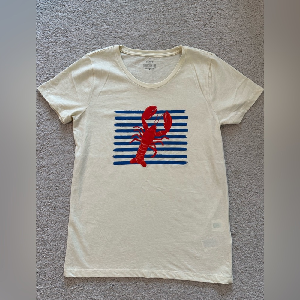 J. Crew Beige Tee with Red Lobster and Blue Stripes